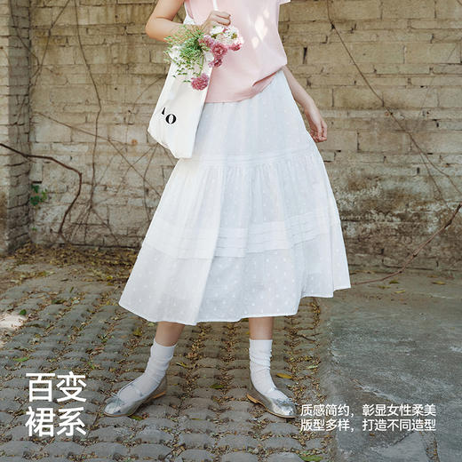 森马半身裙女松紧腰A字裙气质夏季2025新款拼接蕾丝波点长裙优雅 商品图4