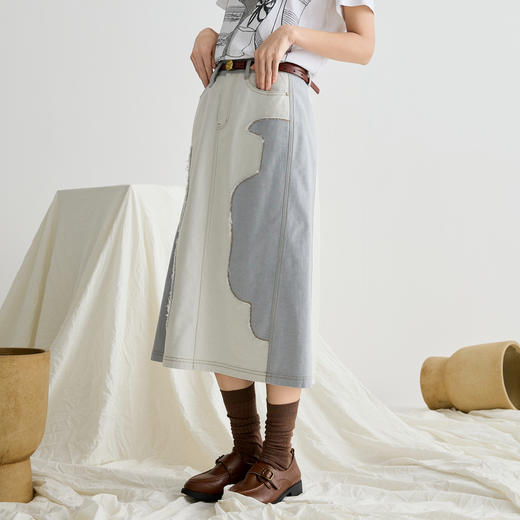 谜底半身裙女2025夏季新品通勤拼接设计宽松A型中长半裙252MB0571 商品图1
