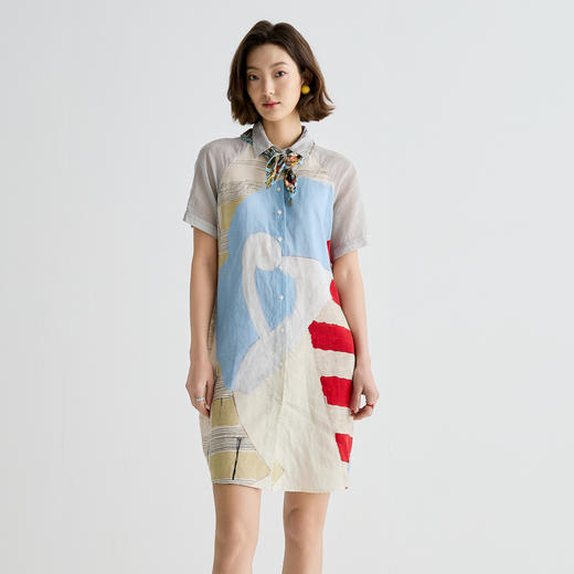 谜底连衣裙短袖女2025夏新品复古风度假衬衫裙H型中长裙252ML0653 商品图1