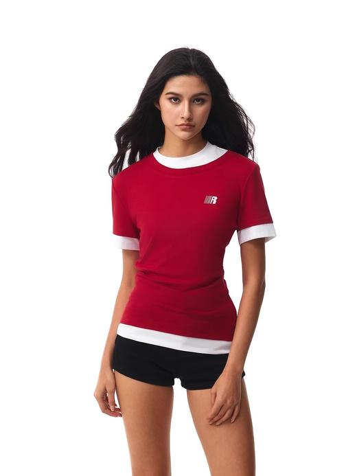 FDR官方店 撞色假两件短袖t恤女夏季老钱风辣妹修身显瘦上衣体恤 商品图3