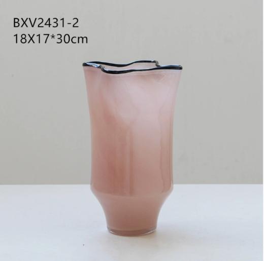 碧轩玻璃批发北欧风中黑边创意褶皱手工大口瓷粉花瓶玄关居家花瓶 商品图9