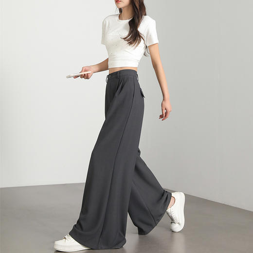 西遇宽松阔腿裤女夏季新款直筒高腰垂坠感慵懒风黑色拖地裤D0050522 商品图3