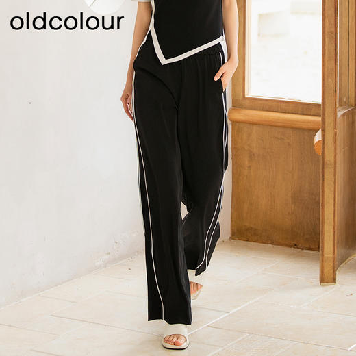 oldcolour夏季新款黑色撞色松紧腰阔腿简约休闲长裤女Q210704A1 商品图1