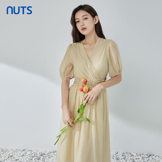 NUTS夏季新品V领纯色时尚优雅气质长款短袖连衣裙325101309 商品图2
