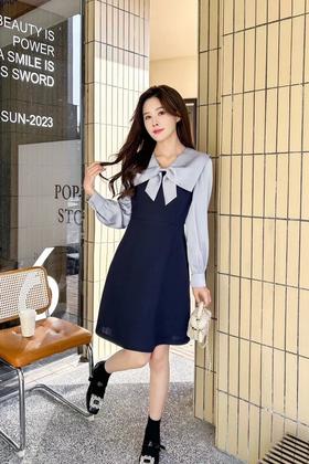 Le Malene 蓝色甜美撞色蝴蝶结连衣裙 19821