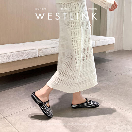 西遇包头外穿半拖鞋女新款春夏水钻圆头穆勒鞋软底玛丽珍拖鞋V0556529 商品图3