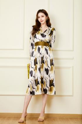 ELLA JADE 橄榄绿色V领印花连衣裙 19733