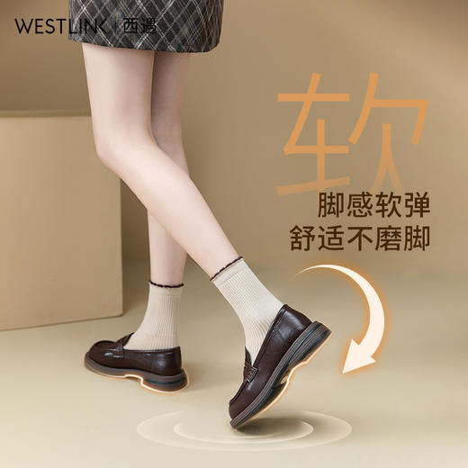 【限时秒杀】西遇复古乐福鞋女新款早秋设计感褶皱通勤单鞋厚底棕色小皮鞋D0047448 商品图2
