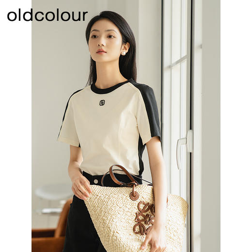 oldcolour夏季新款撞色时尚简约通勤休闲百搭短袖T恤女Q220202A1 商品图0