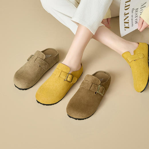 【限时秒杀】西遇勃肯鞋女新款百搭黄色一脚蹬博肯女鞋平底包头半拖鞋V0056549 商品图0