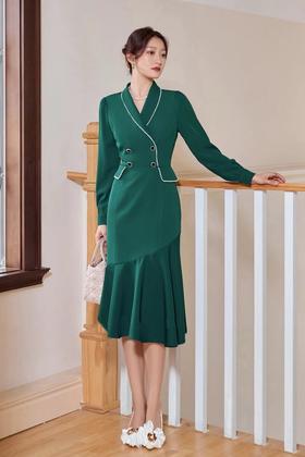 ELLA JADE 墨绿色气质西装领鱼尾连衣裙 19917