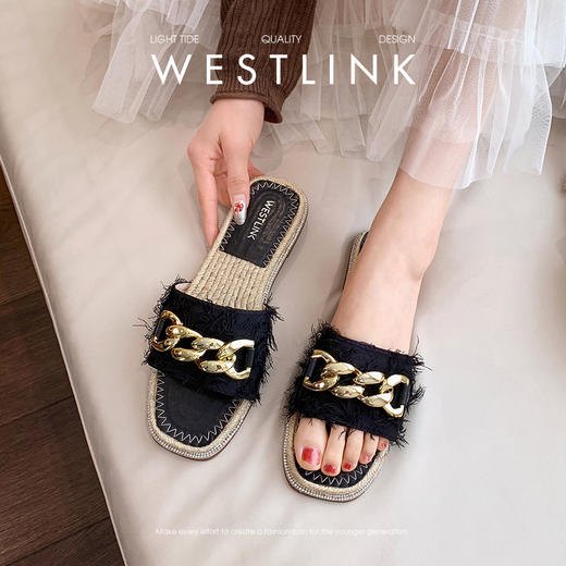 西遇超火外穿凉拖鞋女新款夏季百搭高级感法式草编平底一字拖V0056563 商品图1