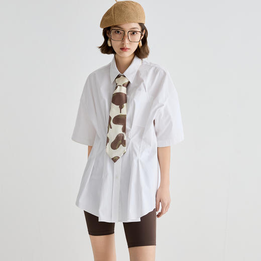 谜底衬衫短袖女2025夏季新品通勤立体捏褶大廓形H型衬衣252MC0545 商品图0