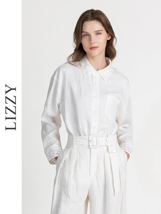 LIZZY春夏精致亚麻刺绣领百搭通勤长袖衬衣8132 商品图1