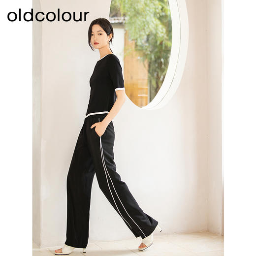 oldcolour夏季新款黑色撞色松紧腰阔腿简约休闲长裤女Q210704A1 商品图2