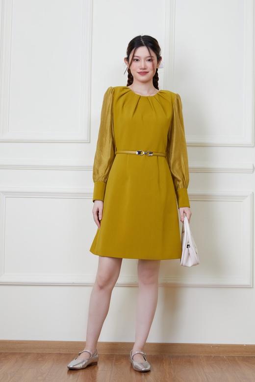 Le Malene 黄绿色拼接式圆领高腰连衣裙 19891 商品图2