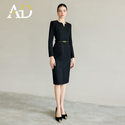 AD小香风连衣裙女气质开叉包臀裙2025新款黑色编织肌理感西服裙子 商品图3