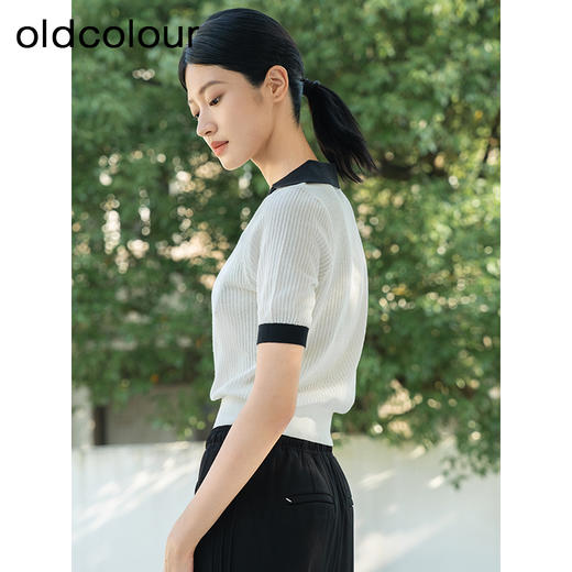 oldcolour夏季新款简约百搭V领撞色短袖针织套头上衣女Q240503A1 商品图2