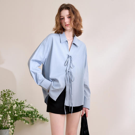 【蝴蝶结绑带】甜美翻领衬衫外套女开衫长袖衬衣V0050618 商品图1