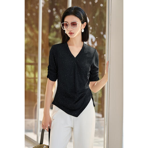 米思阳2025夏季新款设计感不规则捏褶T恤独特细闪气质显瘦小衫女5897 商品图5