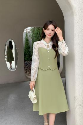 Le Malene 绿色新中式水滴领拼接式连衣裙 19783