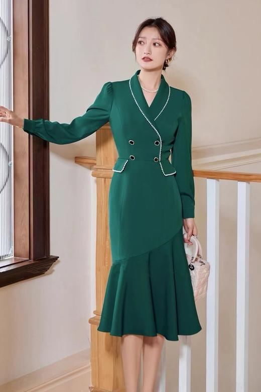 ELLA JADE 墨绿色气质西装领鱼尾连衣裙 19917 商品图1