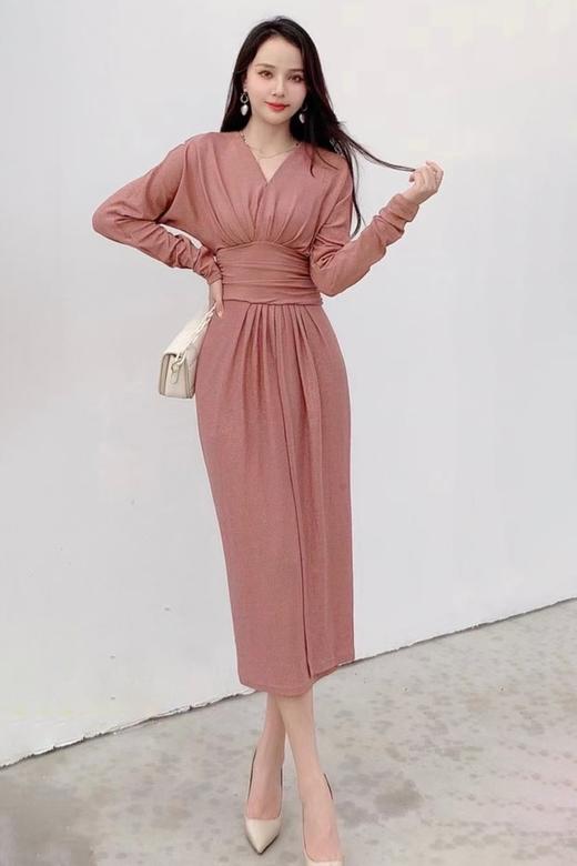 SIA SAYLOR 高端粉色V领收腰连衣裙 19881 商品图0