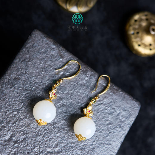 S925和田玉耳坠-diy三叶草白玉圆珠耳钩12 商品图0