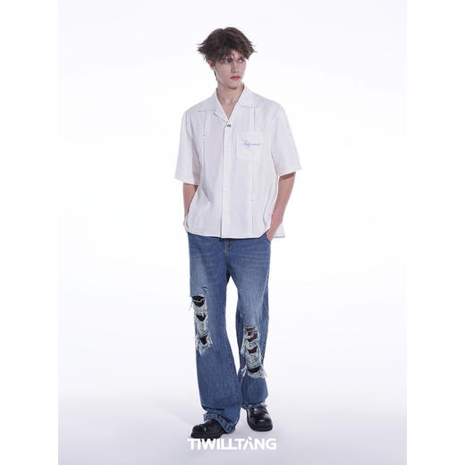 启世录TIWILLTANG“季夏海”工字褶短袖衬衫夏季春衬衫高级感衬衣 商品图5