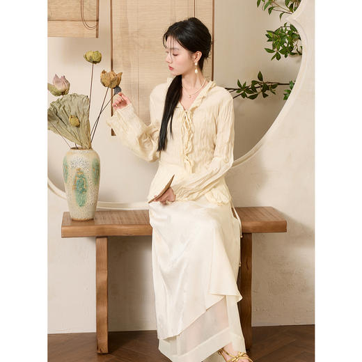 三彩【世事如烟】2025夏季新款新中式小衫醋酸荷叶边衬衫长袖C 商品图1