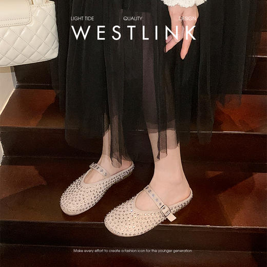 西遇包头外穿半拖鞋女新款春夏水钻圆头穆勒鞋软底玛丽珍拖鞋V0556529 商品图2