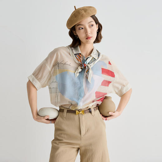 谜底衬衫短袖女2025夏季新品复古风通勤宽松H型中长衬衣252MC0557 商品图0