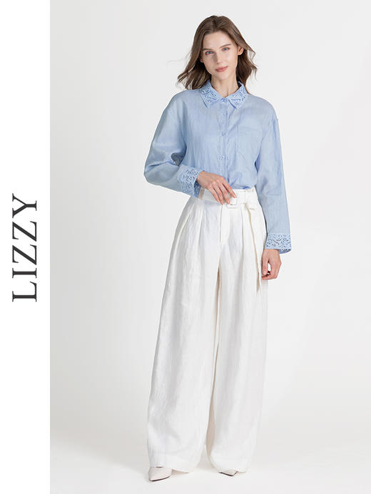 LIZZY春夏精致亚麻刺绣领百搭通勤长袖衬衣8132 商品图2