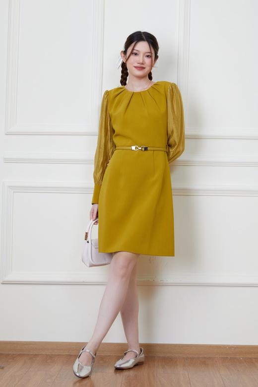 Le Malene 黄绿色拼接式圆领高腰连衣裙 19891 商品图4