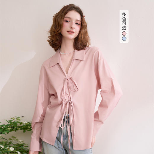【蝴蝶结绑带】甜美翻领衬衫外套女开衫长袖衬衣V0050618 商品图0