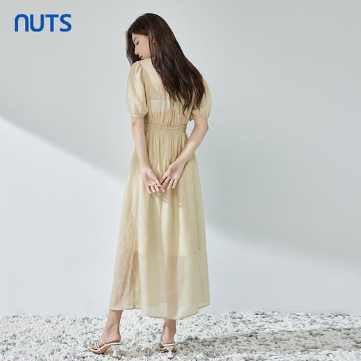 NUTS夏季新品V领纯色时尚优雅气质长款短袖连衣裙325101309 商品图3
