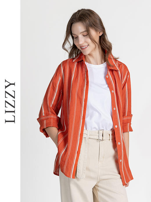 LIZZY时尚街头百搭休闲通勤色织条纹亚麻长袖衬衫8142 商品图1