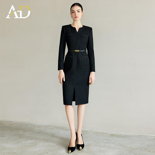 AD小香风连衣裙女气质开叉包臀裙2025新款黑色编织肌理感西服裙子 商品图1