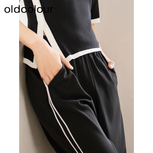 oldcolour夏季新款黑色撞色松紧腰阔腿简约休闲长裤女Q210704A1 商品图3