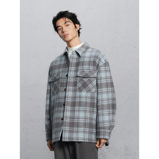 GXG男装 蓝格宽松休闲通勤翻领大衣 24冬热卖气质大衣G24X064013 商品图2