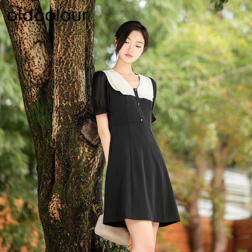 oldcolour夏季新款黑色优雅气质撞色减龄短款连衣裙女Q211003A1 商品图1