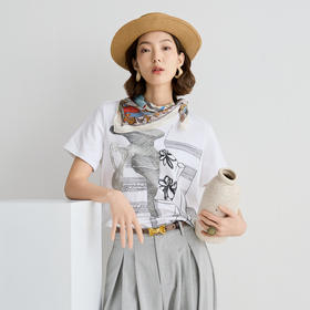 谜底T恤短袖女2025夏新品休闲日常印花宽松H型中长上衣252MT0528