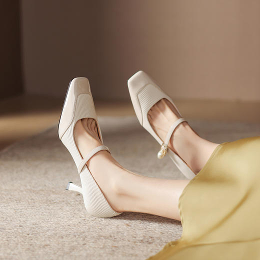 阿么手工女鞋方头一字带珍珠单鞋法式玛丽珍高跟鞋气质高级感7CM 商品图1