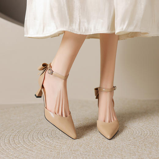 阿么手工女鞋蝴蝶结一字带细跟高跟鞋高级感法式浅口单鞋女6.5CM 商品图4