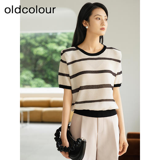 oldcolour夏季新款时尚简约条纹圆领宽松百搭针织上衣女Q220504A1 商品图3