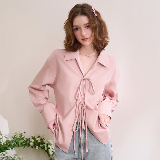 【蝴蝶结绑带】甜美翻领衬衫外套女开衫长袖衬衣V0050618 商品图2