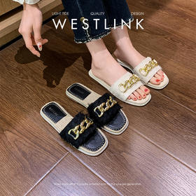 西遇超火外穿凉拖鞋女新款夏季百搭高级感法式草编平底一字拖V0056563