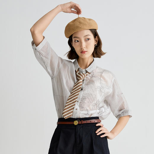 谜底衬衫七分袖女2025夏季新品通勤条纹绣花宽松H型衬衣252MC0570 商品图0