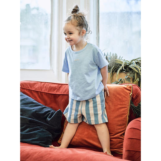 【云优选】lelejove北欧风25春夏儿童短袖T恤亚麻混纺透气T恤毛巾料条纹短裤 商品图0