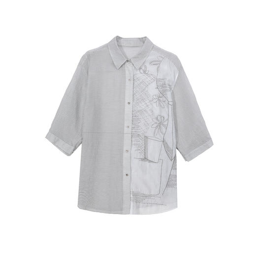 谜底衬衫七分袖女2025夏季新品通勤条纹绣花宽松H型衬衣252MC0570 商品图4